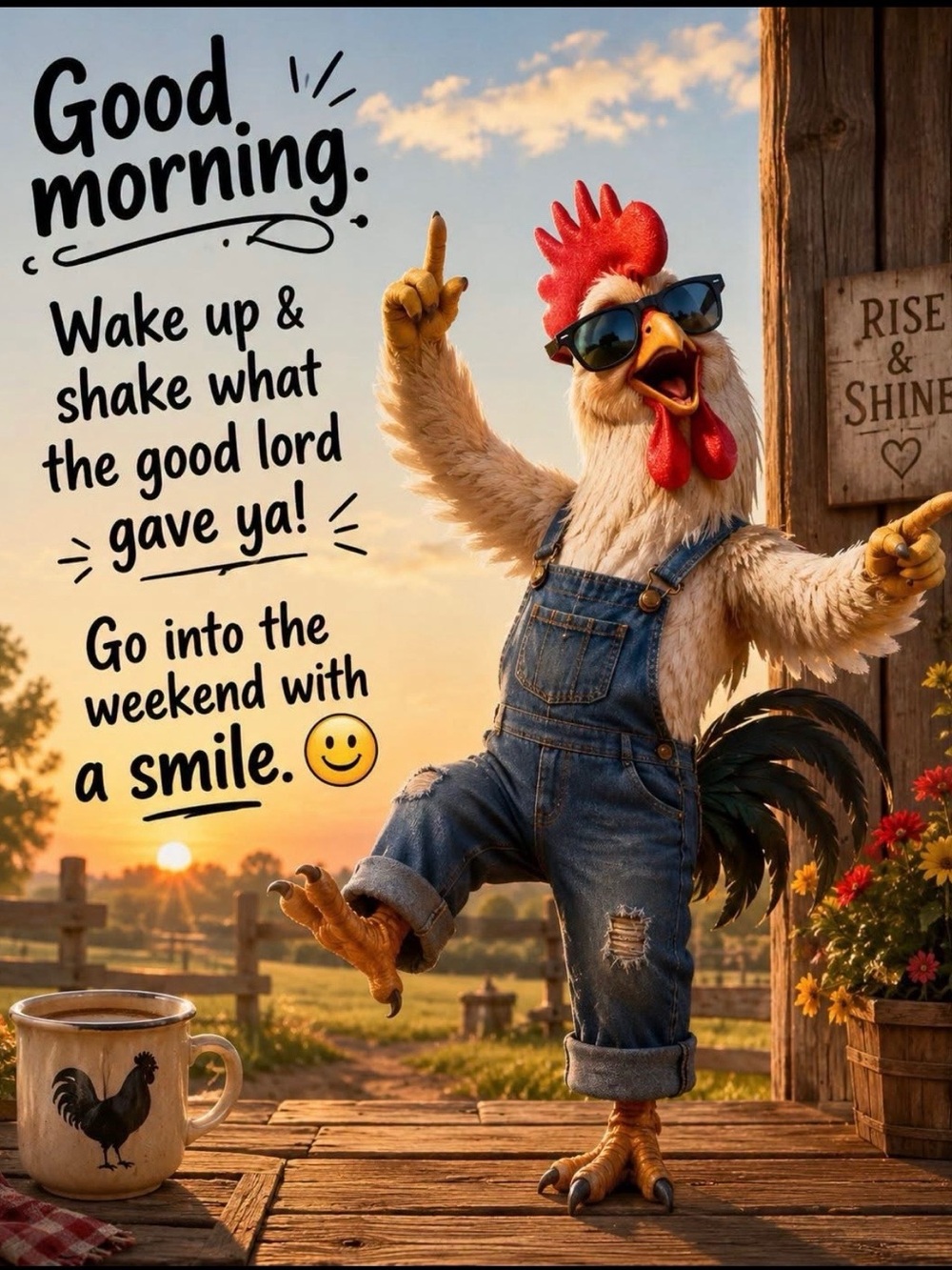 Good Morning Rooster Wall Art Print - Red & Blue Farmhouse Charm